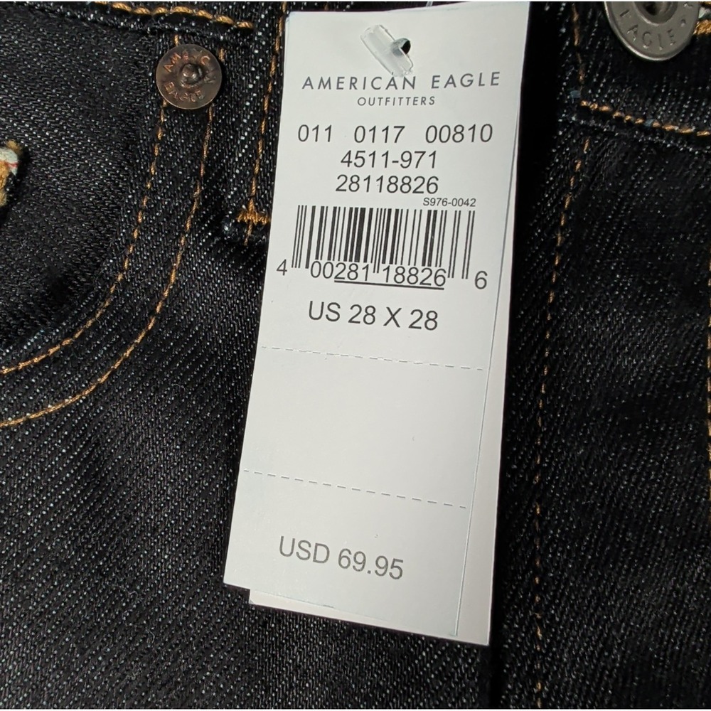 NWT American‎ Eagle Raw Selvedge Denim Jeans Men 28x28 Slim Dark Wash Crop Pants - Picture 12 of 16